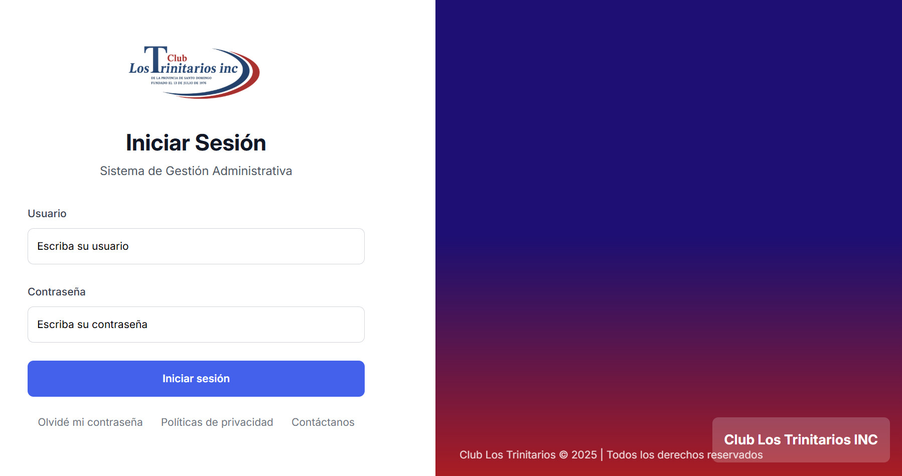 Pantalla de acceso del Sistema de Gestión Administrativa del Club Los Trinitarios