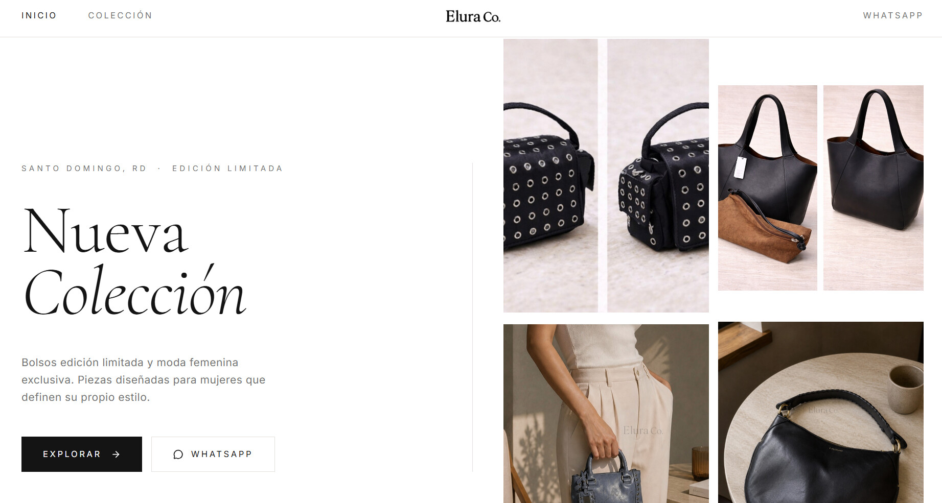 Página de inicio de la tienda en línea Elura Co. con su nueva colección de bolsos