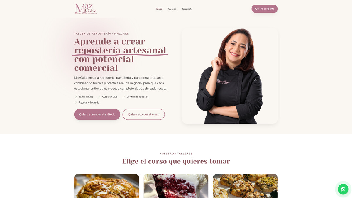 Página de inicio de MazCake, taller de repostería artesanal, con su sección de cursos y CTAs de inscripción