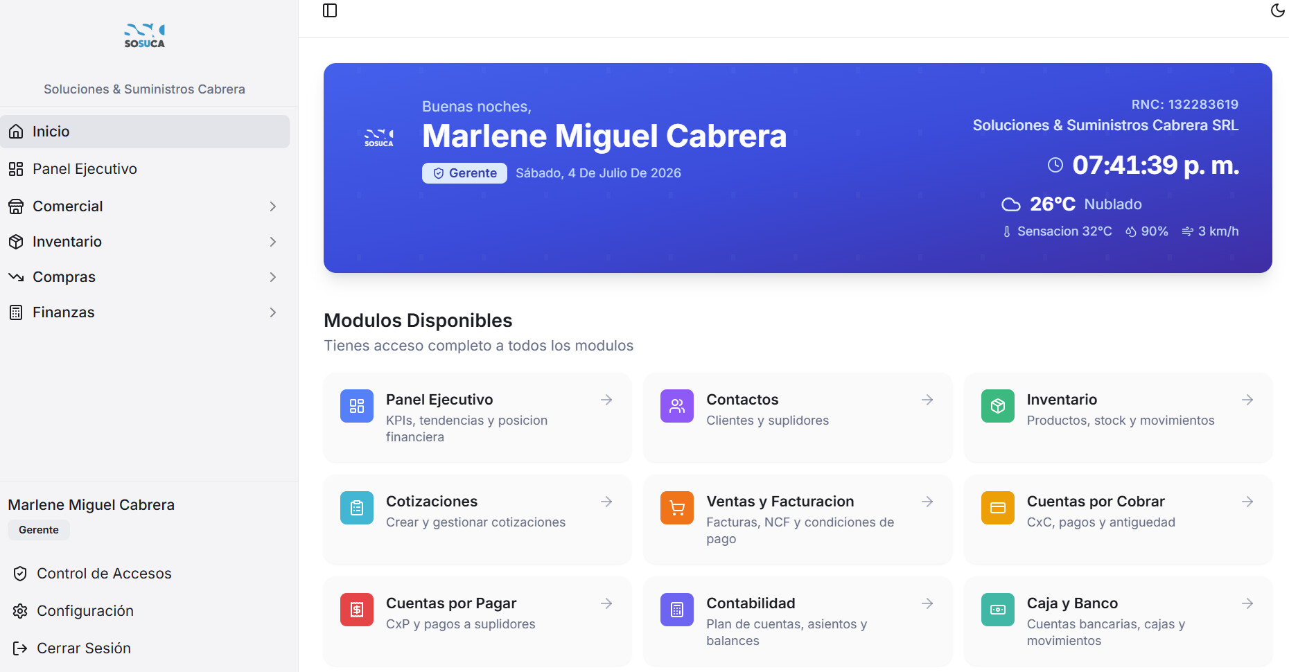 Módulos del sistema ERP de SoSuca: facturación, inventario, cuentas por cobrar y pagar, contabilidad